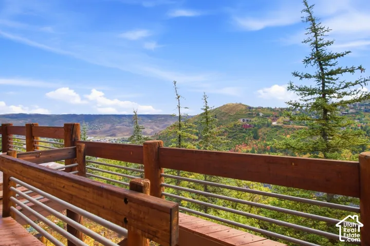 Wood-finish deck with horizontal metal railing, featuring distant mountains and mature trees
