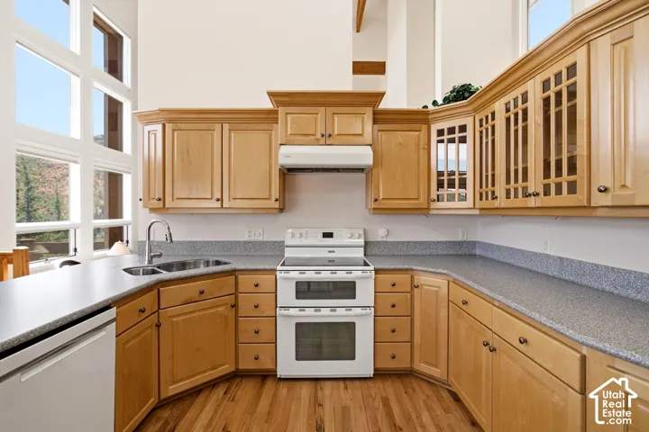 Kitchen with wood-finish flooring, extensive natural-tone cabinetry, double wall oven, and a double basin stainless steel sink
