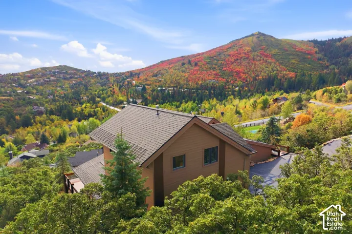 Gabled roofline, light brown exterior siding, elevated property, surrounded by mature trees, mountain backdrop