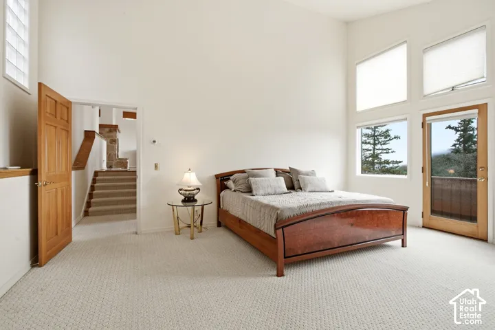 High ceilings with multiple windows, glass block accents, wood-paneled door, and neutral carpeting