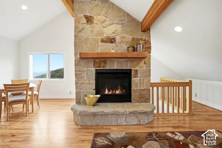 Vaulted ceilings with exposed wood beams