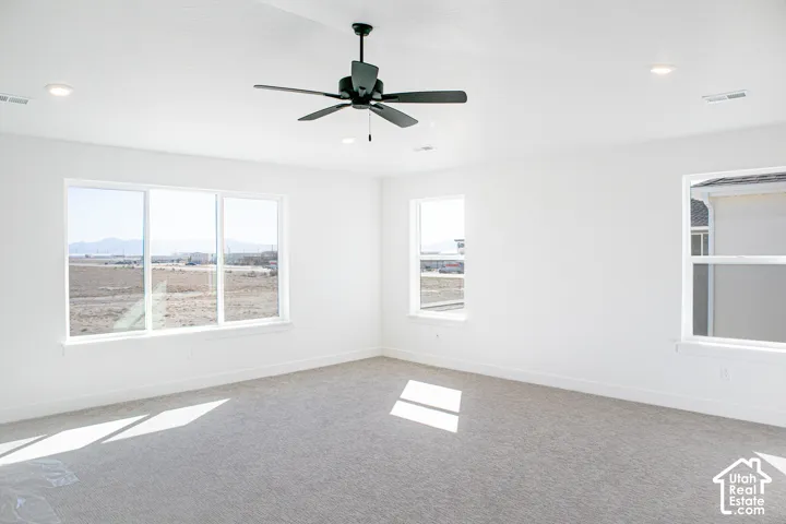 Spacious primary bedroom with great windows, vaulted ceiling and ceiling fan.