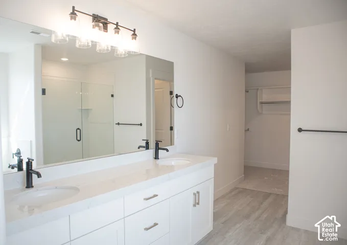 Primary bath with dual sink, painted white wood cabinets, soaker tub, walk-in Euro shower.
