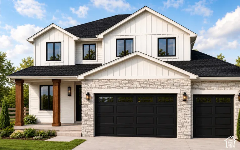 Two-story exterior featuring board-and-batten siding, stacked-stone facade, three-car garage with glass-paneled doors, wood-finish support columns, and high-contrast dark trim