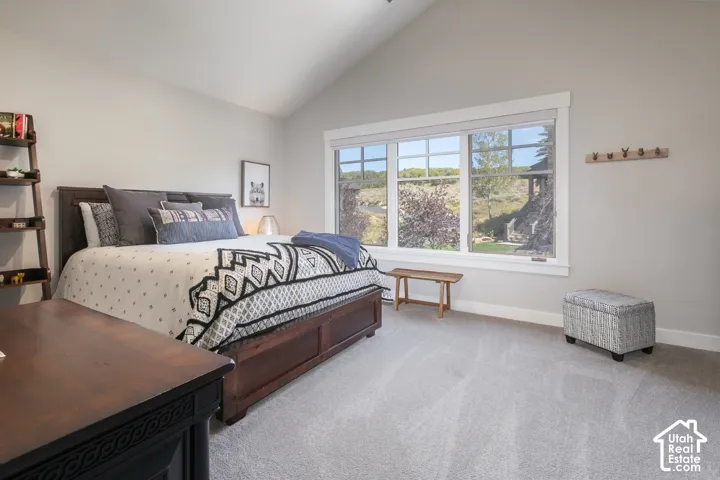 Vaulted ceiling, large window, light gray wall paint, dark wood bed frame, and gray carpet