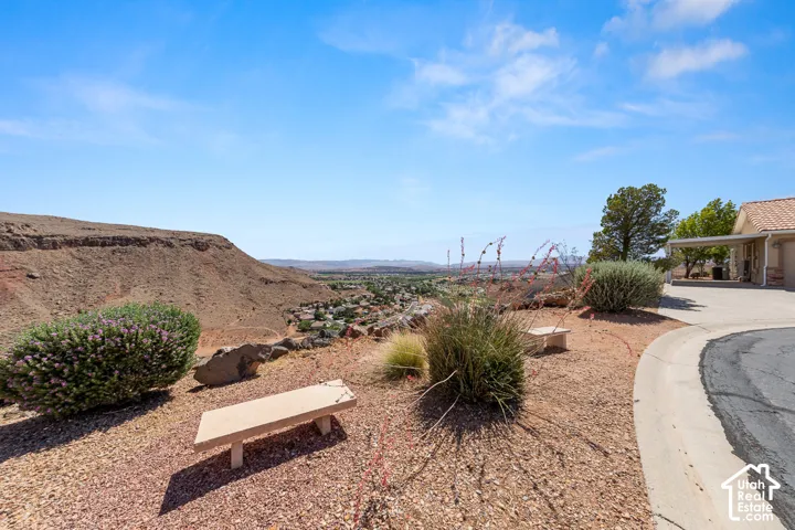 Elevated desert landscaping featuring low-maintenance shrubs and a concrete bench