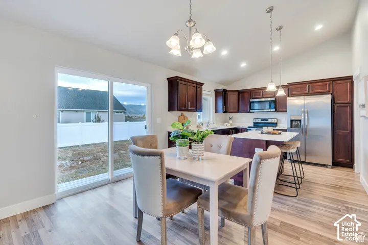 Kitchen featuring wood-finish flooring, dark wood cabinetry, stainless steel appliances, and a central island with countertop seating