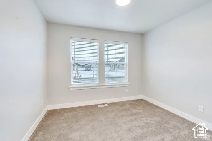 Neutral wall paint, plush carpet flooring, two windows with blinds, and a flush mount ceiling light