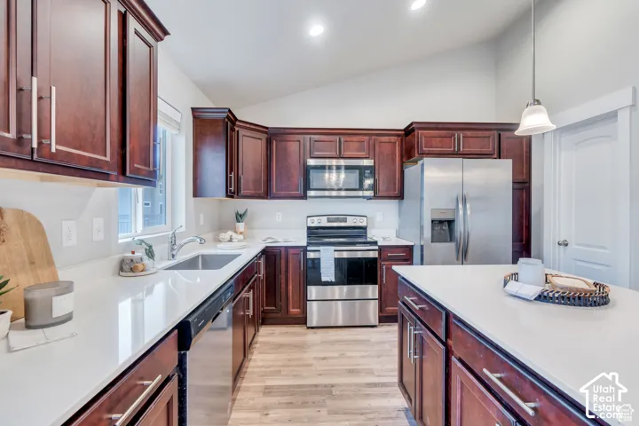 Kitchen featuring stainless steel appliances, wood-finish flooring, white countertops, dark wood cabinetry, and a vaulted ceiling