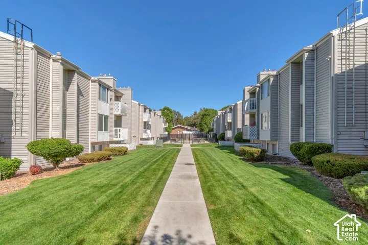 Manicured lawn with a central concrete pathway flanked by low-profile shrubs