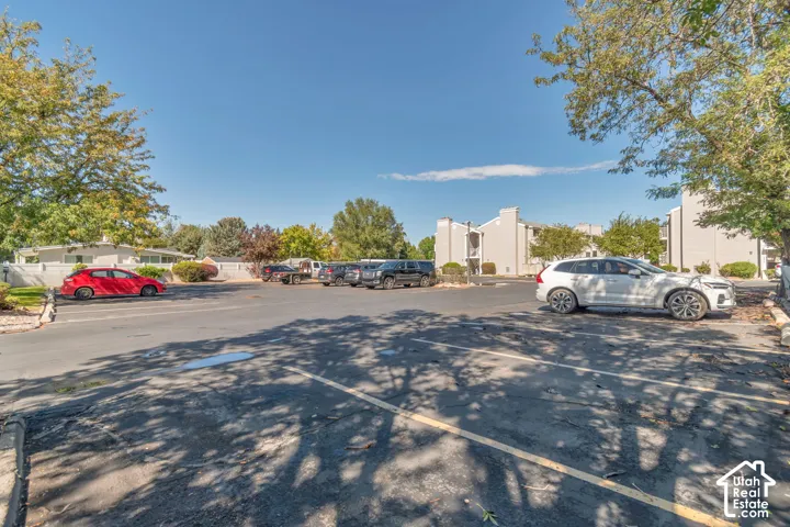Paved parking area with marked spaces, surrounded by established trees and landscaping