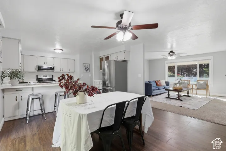 Open-concept living featuring gleaming wood-finish flooring, a white cabinetry kitchen with stainless steel appliances, and a ceiling fan with integrated lighting