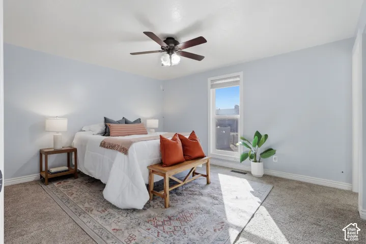 Window-equipped room with neutral wall color and carpet flooring