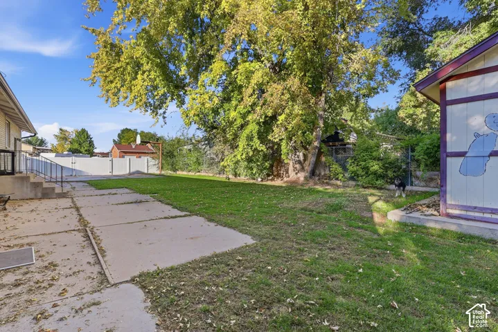 Expansive backyard featuring a manicured lawn, concrete patio, mature trees, and a white privacy fence
