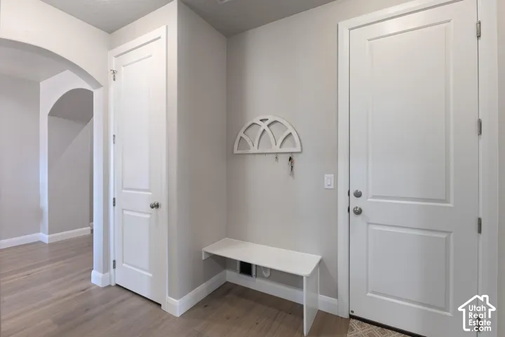 Entry area featuring wood-finish flooring, an arched doorway, and solid panel doors