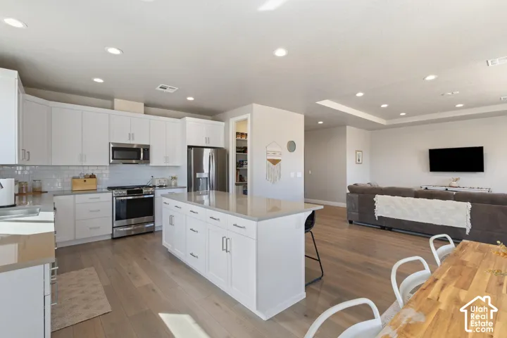 Open-concept kitchen featuring white cabinetry, stainless steel appliances, a large island with countertop seating, wood-finish flooring, and recessed lighting