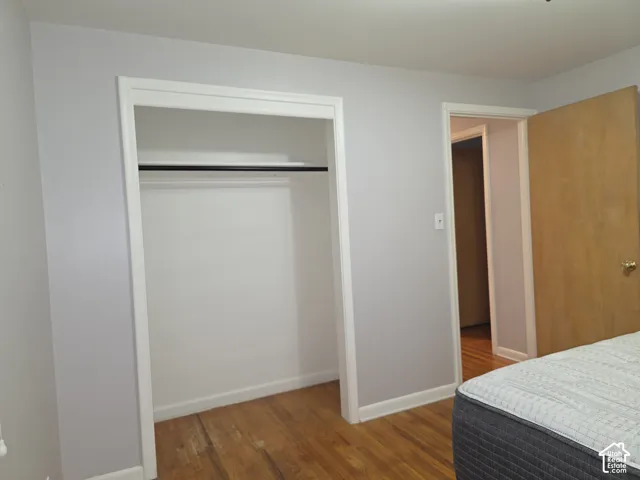 Neutral-toned walls, hardwood flooring, and a walk-in closet featuring a built-in hanging rod