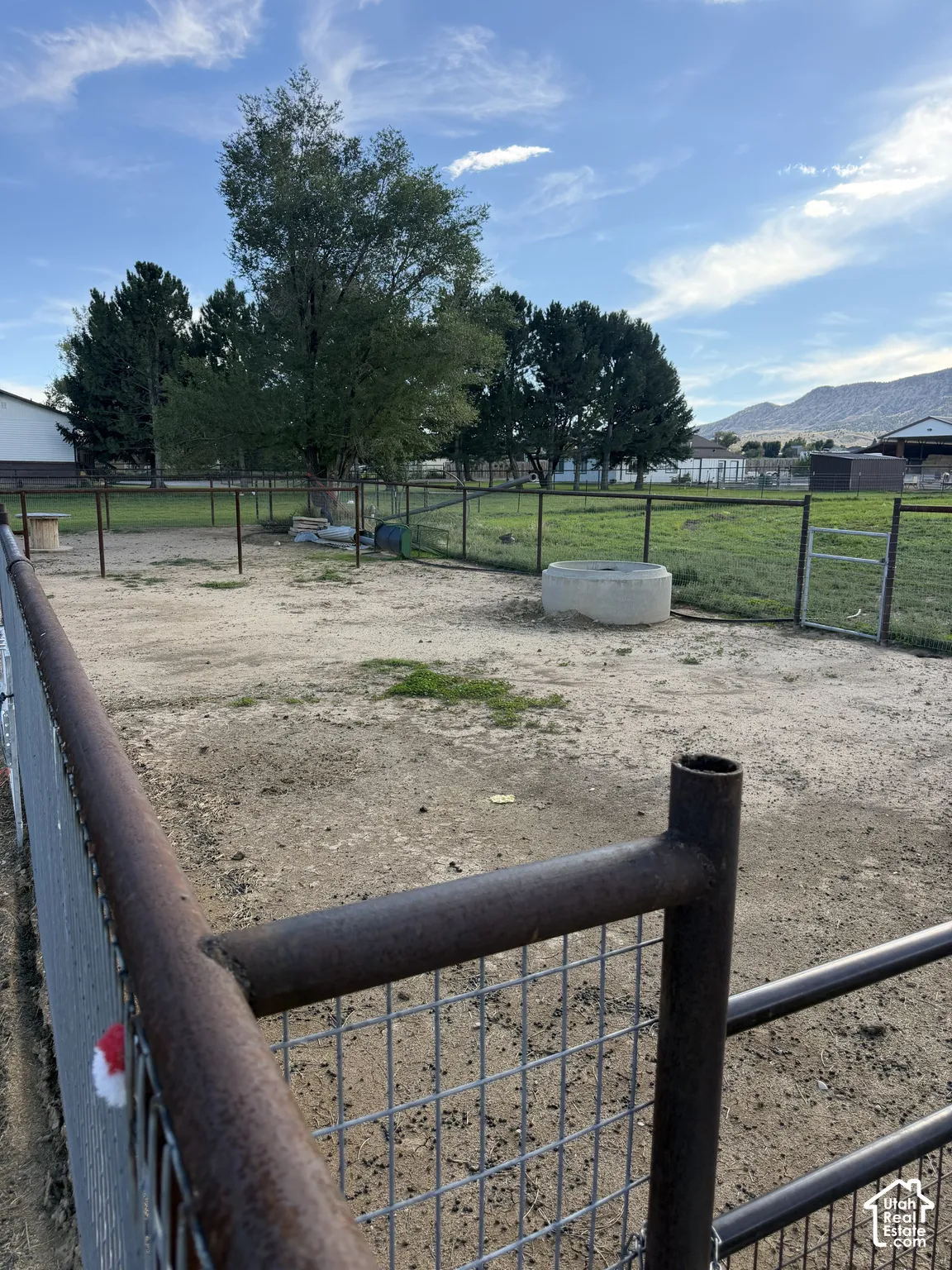 Expansive fenced outdoor area featuring a concrete watering trough and mature trees