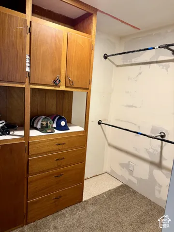 Built-in wood-finish cabinetry, integrated drawers, and hanging rods