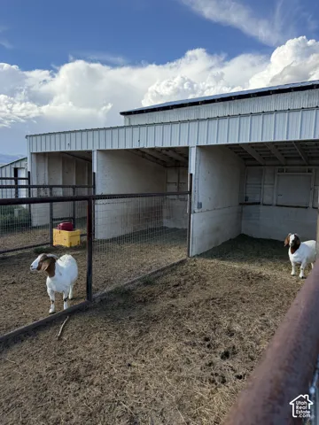 Metal-sided barn structure featuring multiple enclosed stalls, an open-air enclosure, and a fenced area