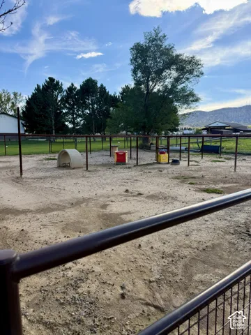 Fenced outdoor enclosure with open ground and surrounding trees