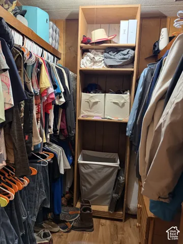 Wood-finish flooring, wood paneling, and built-in shelving