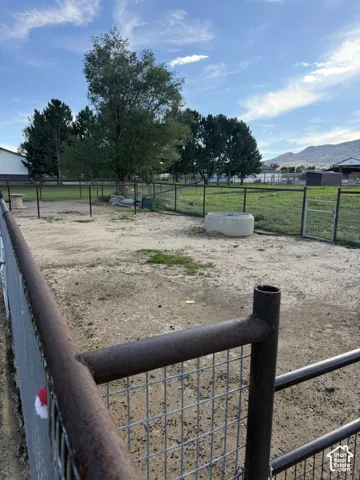 Expansive fenced outdoor area featuring a concrete watering trough and mature trees