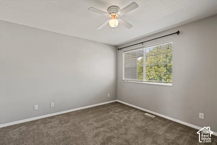 Neutral gray wall paint, textured carpeting, white window blinds, and a ceiling fan with integrated lighting
