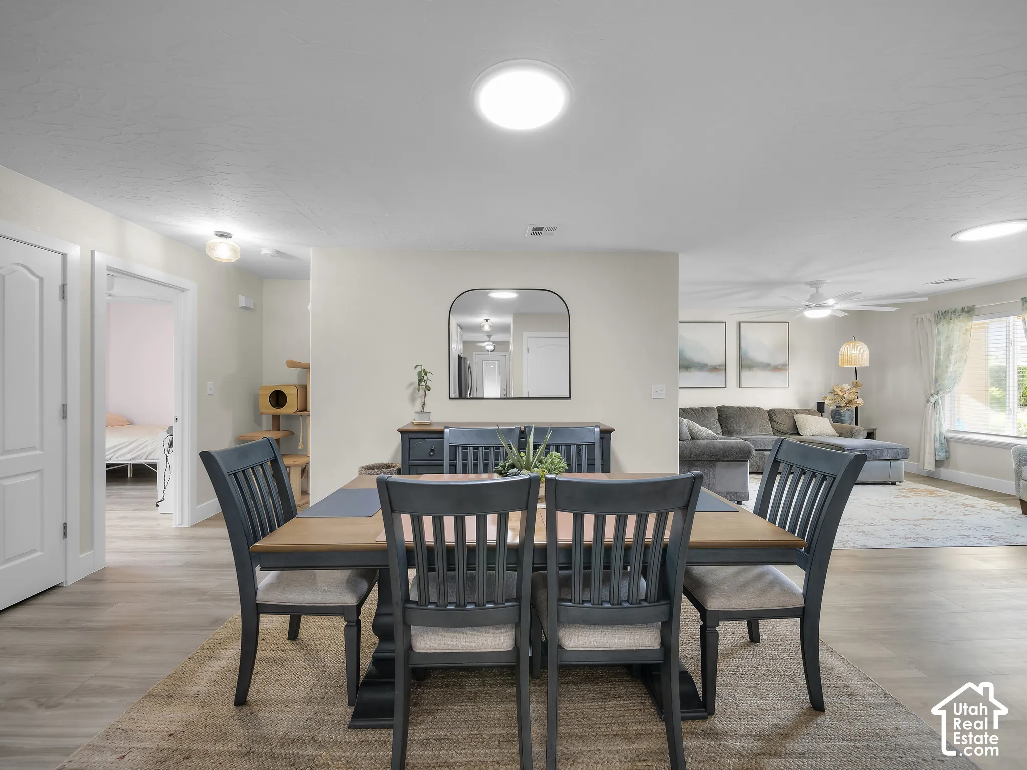Recessed lighting, wood-finish flooring, white paneled doors, and a ceiling fan