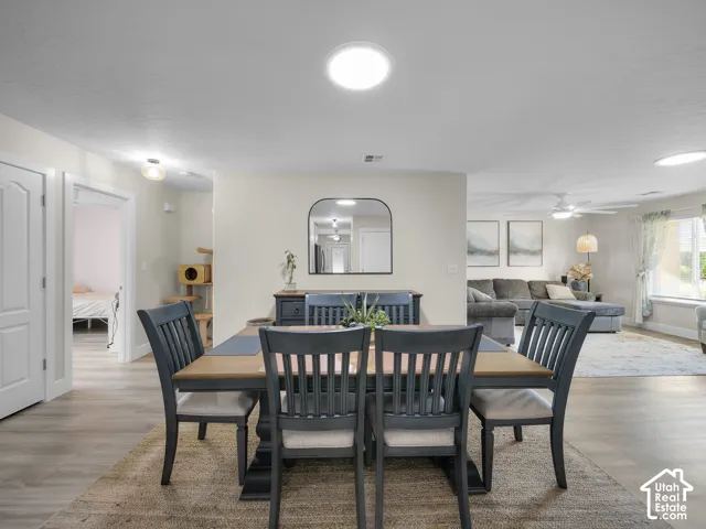 Recessed lighting, wood-finish flooring, white paneled doors, and a ceiling fan