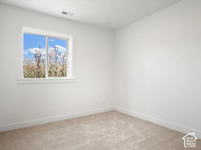 Neutral tone wall paint, carpeted flooring, and a single window with white trim
