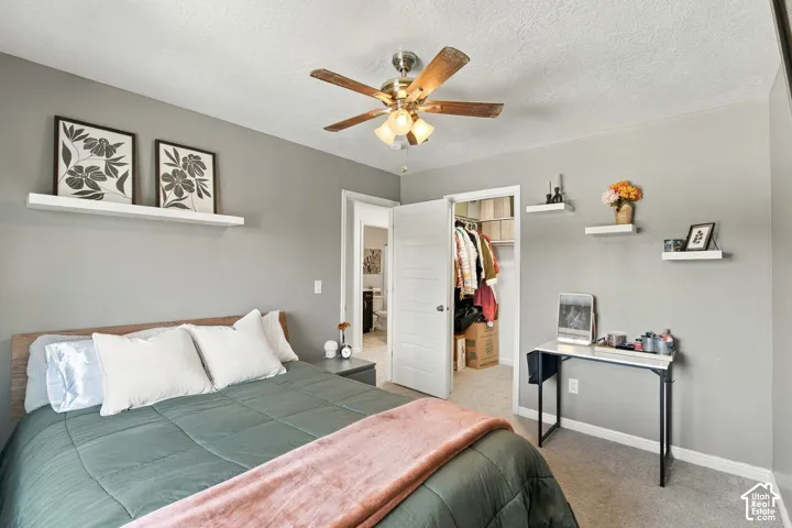 Recessed lighting, ceiling fan, carpet flooring, built-in shelving, paneled door