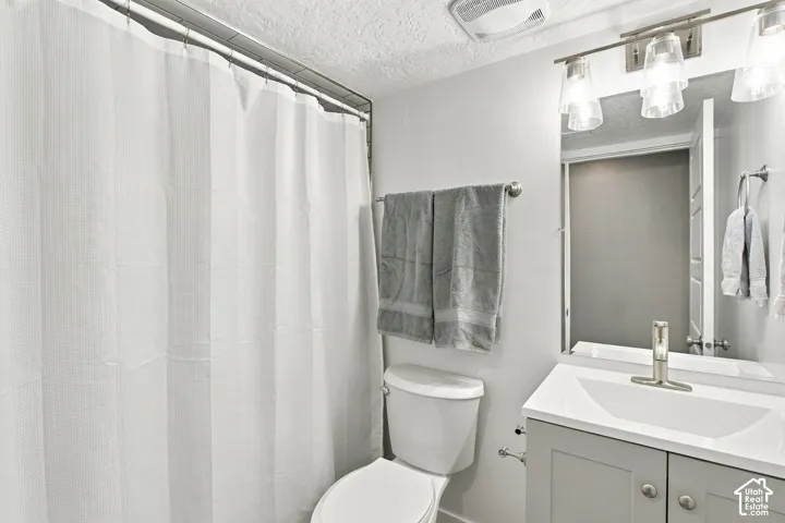 Bathroom featuring a shower with a white curtain, a toilet, a vanity with a white sink, a wall-mounted mirror, and overhead lighting