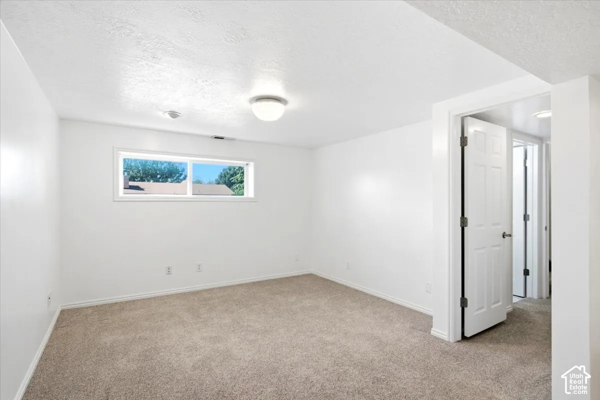 Neutral-toned carpet flooring, white painted walls, and a single window with a white frame