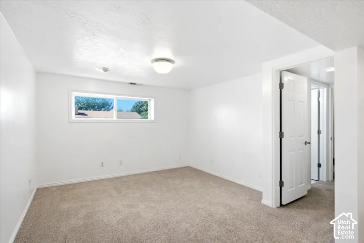 Neutral-toned carpet flooring, white painted walls, and a single window with a white frame