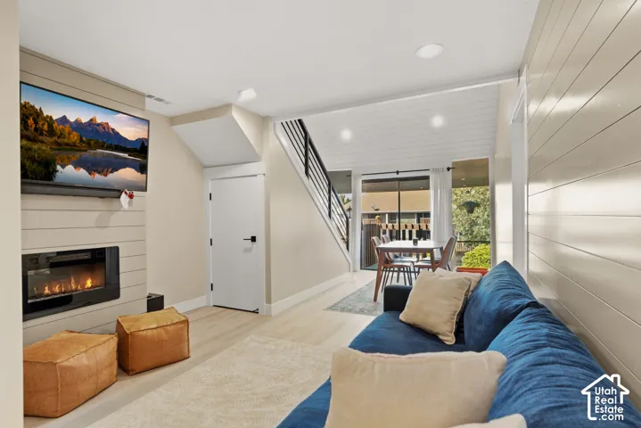 Modern fireplace with a shiplap surround