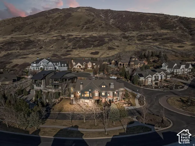 Hillside residential community with extensive landscaping, mature trees, and paved roads