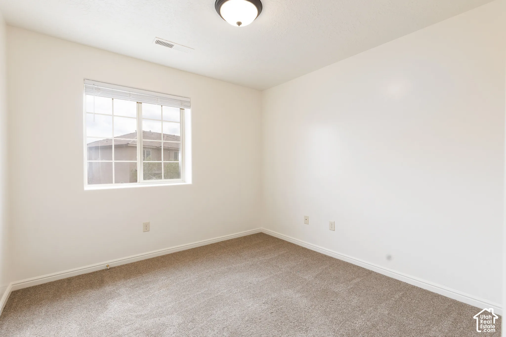 Neutral tone wall finishes, flush mount ceiling light fixture, carpet flooring, and a multi-pane window with blinds