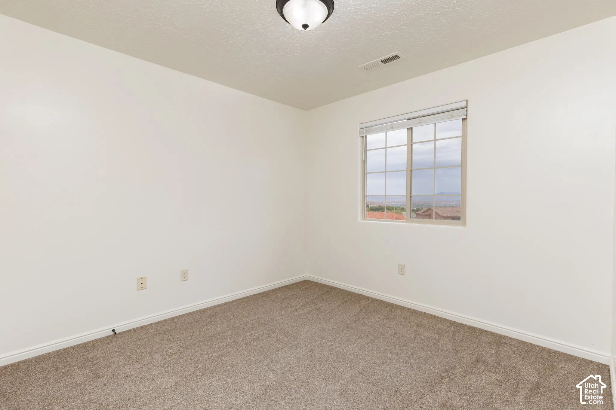 Neutral wall color, wall-to-wall carpeting, overhead light fixture, single window with blinds, and white trim