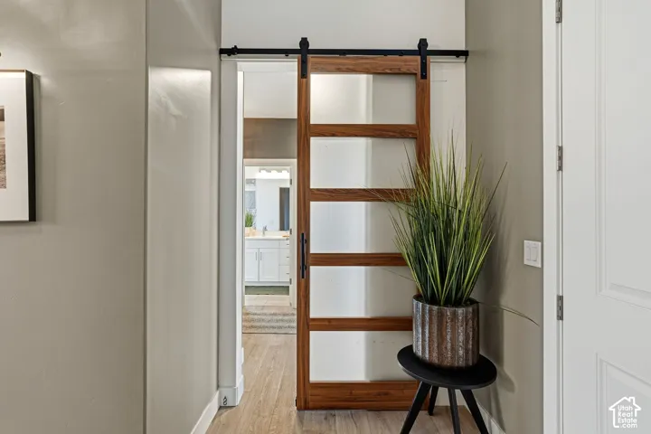 Wood-finish flooring and a barn door with frosted glass panels