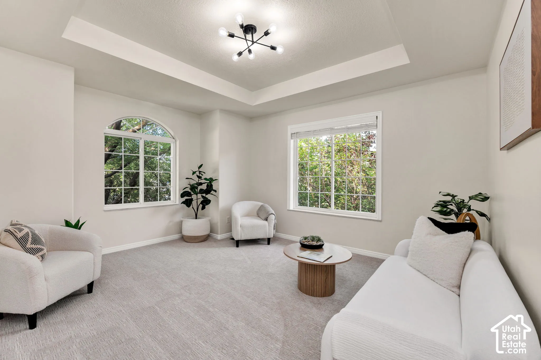 Recessed ceiling with a contemporary light fixture, light gray carpeting, and multiple windows including an arched window