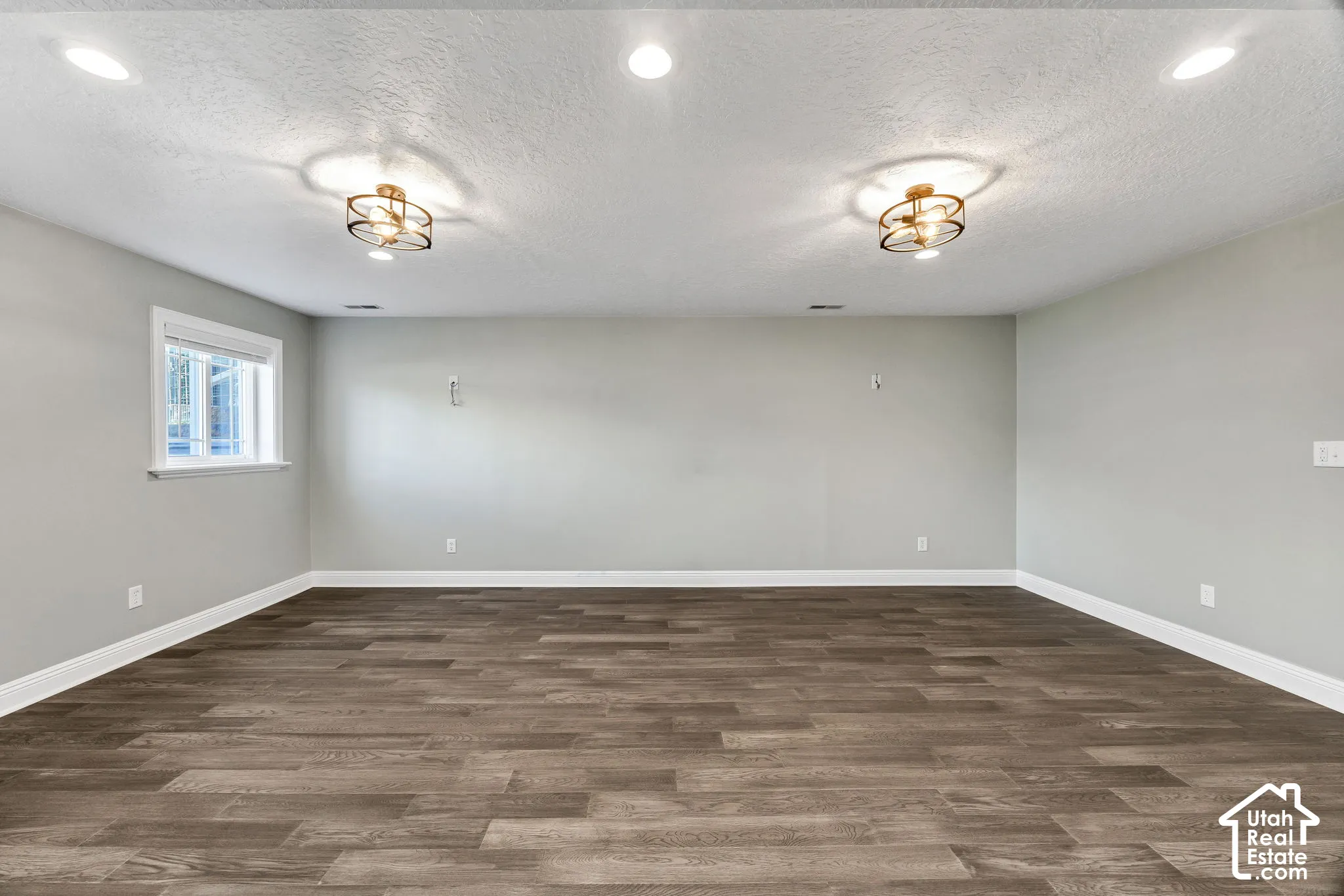 Spacious room with wood-finish flooring, recessed lighting, and two contemporary flush-mount light fixtures