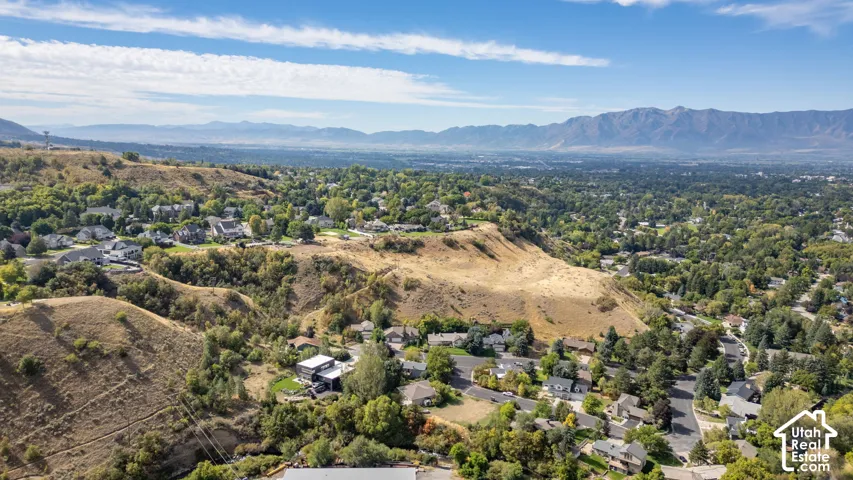 Mountainous backdrop, residential neighborhood, lush green landscaping, clear skies
