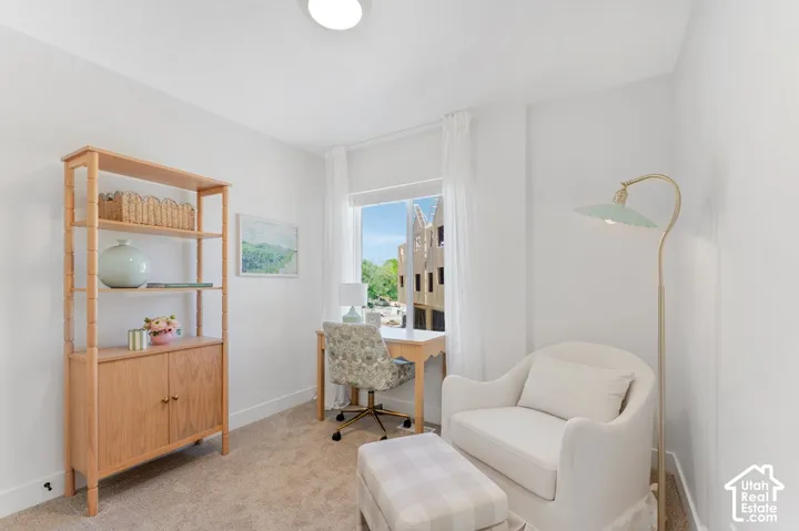 Recessed ceiling light, neutral wall color, carpeted flooring, and a window with white sheers