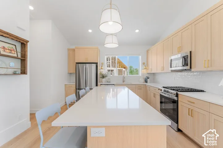Kitchen featuring light wood-finish cabinetry, stainless steel appliances, a white tile backsplash, a large center island, and recessed lighting