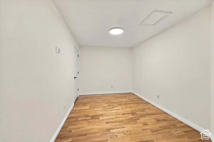 ADU Basement - Wood-finish flooring, white walls, and a flush-mount ceiling light