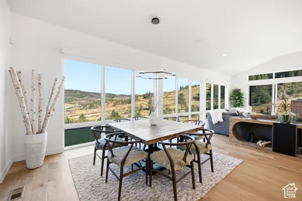 Expansive floor-to-ceiling windows, vaulted ceilings, wood-finish flooring, and a modern ceiling fixture