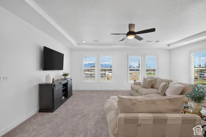 Recessed ceiling with tray detailing, ceiling fan, multiple large windows with interior shutters, and neutral-toned carpeting