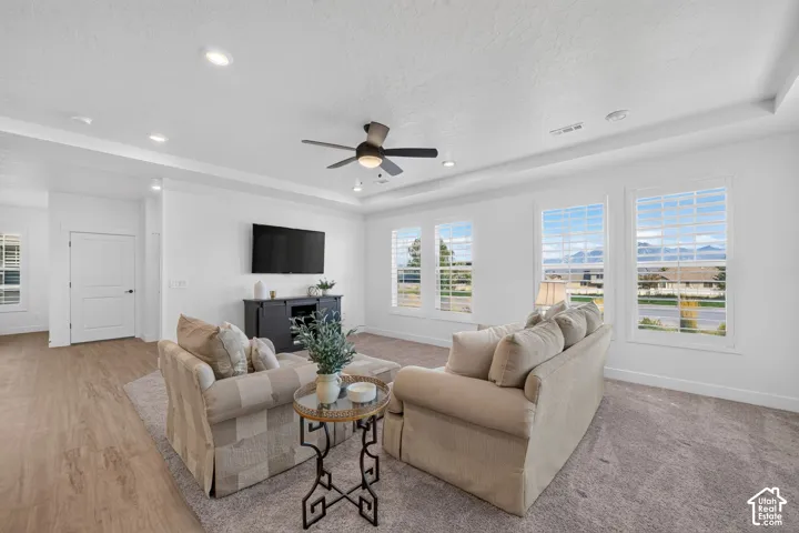 Recessed lighting, ceiling fan, wood-finish flooring, white window shutters, and a tray ceiling