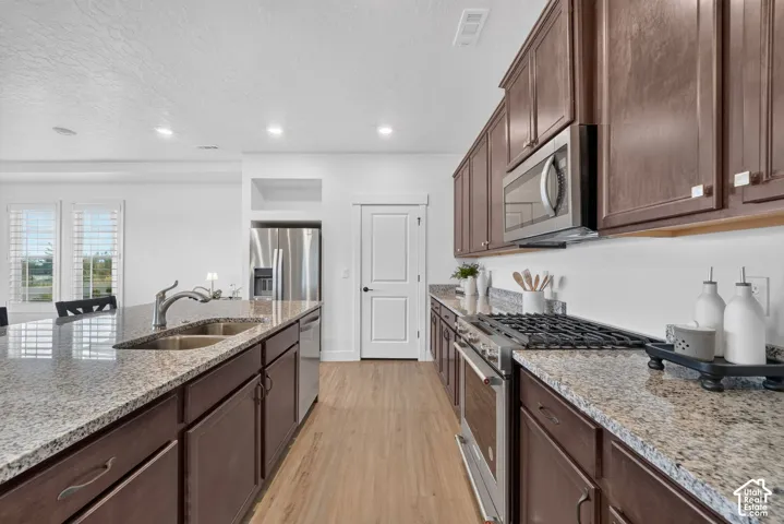 Kitchen featuring stainless steel appliances, dark wood cabinetry, light wood-finish flooring, and granite countertops